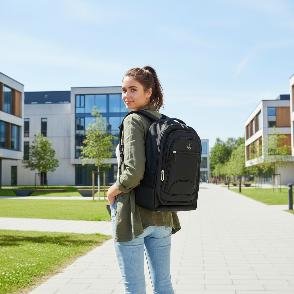 Kvinde på campus med rygsæk